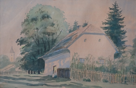 Obraz przedstawiający stary dom otoczony zielonymi drzewami i płotem, w tle kościół skąpany we mgle.