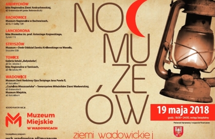 Infografika wydarzenia Noc Muzeów Ziemi Wadowickiej.