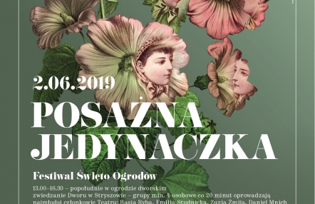 Infografika wydarzenia Festiwal Święta Ogrodów. W tle widnieje kolaż różowych kwiatów i wkomponowanych w nie kobiecych głów.