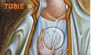 Fragment ikony przedstawia Matkę Boską w białych szatach. W dłoniach trzyma opłatek z napisem serce. Po lewej stronie napis tobie. Głowę Maryi okalają gwiazdy. Tło jest złote.