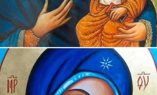 Zdjęcie przedstawia dwie prace. Pierwsza w górnej części przedstawia Matkę Boską z Dzieciątkiem Jezus, natomiast druga Matkę Boską z gołębicą w dłoniach. Obydwie są w niebieskich szatach.
