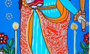 Obraz przedstawia Matkę Boską odzianą w niebieską szatę i bogato zdobiony czerwony płaszcz. Na prawej ręce trzyma Jezuska. Ich głowy okalają pomarańczowe aureole. Po obydwu ich stronach znajdują się postaci trzymające gromnice. Tło jest niebieskie