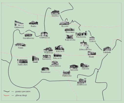 mapa okolic Wadowic z naniesionymi lokalizacjami pałaców