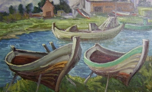 Obraz olejny przedstawia krajobraz, którego centrum stanowi rzeka, a wokół niej życie. Na pierwszym planie znajdują się dwie łodzie na brzegu. Dwie inne unoszą się na rzece. Przez nierówne kontury, obraz wydaje się falować.