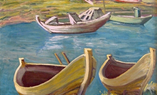 Obraz olejny przedstawia krajobraz, którego centrum stanowi rzeka, a wokół niej życie. Na pierwszym planie znajdują się dwie łodzie na brzegu. Dwie inne unoszą się na rzece. Przez nierówne kontury, obraz wydaje się falować.