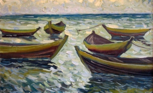 Obraz olejny Józefa Mularczyka przedstawia sześć łodzi na wodzie. Tafla wody poprzez zdecydowane pociągnięcia pędzla zdaje się migotać ze względu na wyraźne białe plamy. Tą samą techniką artysta ukazał zmienność chmur na niebie.