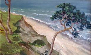Obraz olejny Józefa Mularczyka przedstawia krajobraz morski. Jest to nadmorski klif, na którym rosną drzewa, a jedno z nich znajduje się na pierwszym planie. Jego korona jest ciemnozielona i odcina się na tle morza.
