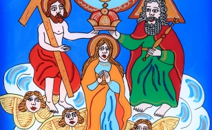 Obraz przedstawia Wniebowzięcie Maryi, która stopą przygniata węża i stoi na kuli ziemskiej. Koronują ją Jezus i Józef. Duch Święty jest w postaci gołębicy. Scenie towarzyszy pięć aniołów.