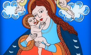 Obraz przedstawia Matkę Boską z Dzieciątkiem Jezus w otoczeniu dwóch aniołów umiejscowionych na chmurach na niebieskim niebie. Maryja odziana jest w niebieską szatę i otulona ciemnoniebieskim płaszczem, który od zewnętrznej strony jest pomarańczowy.