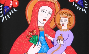 Obraz przedstawia Matkę Boską z Dzieciątkiem Jezus na czarnym tle. Nad ich głowami znajdują się motywy folklorystyczne kwiatów. Maryja odziana jest w niebieską szatę i pomarańczowy płaszcz. Szata Jezusa jest fioletowa.