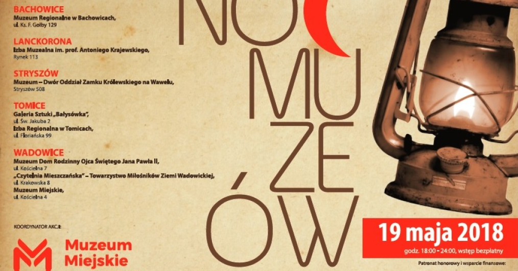 Infografika wydarzenia Noc Muzeów Ziemi Wadowickiej.