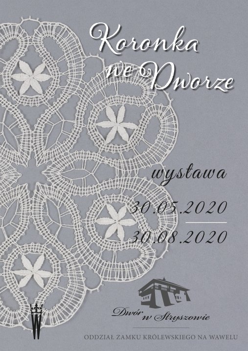 plakat wystawy z motywem koronki na szarym tle